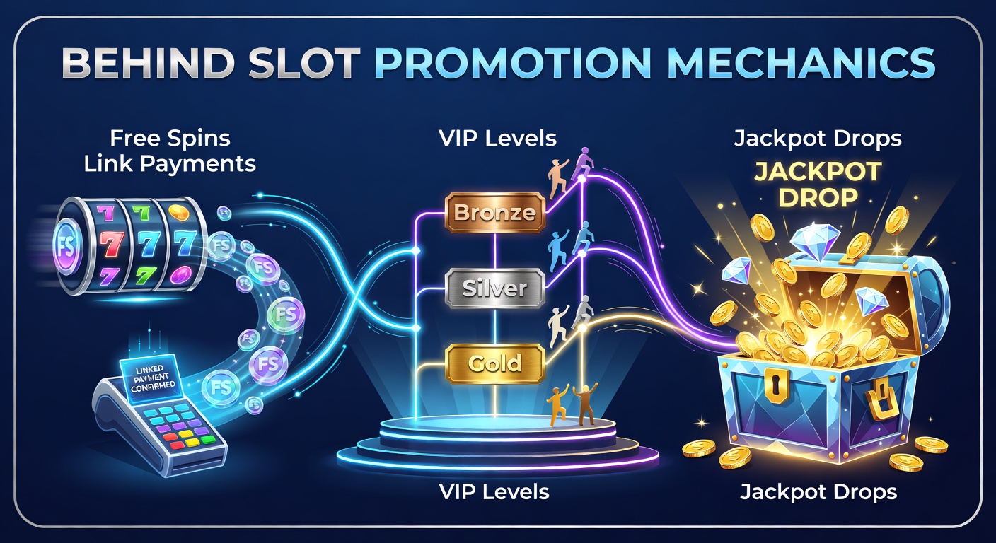 Dynamic graphic showing slot reels with free spins icons, VIP badges, and falling jackpot coins illustrating promotion mechanics