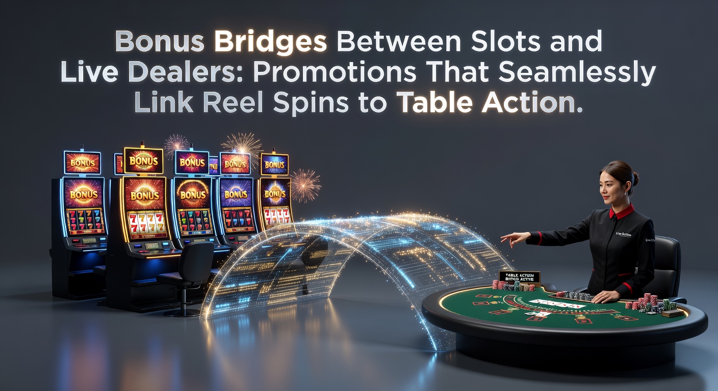 Vibrant casino interface showing slot reels transitioning into a live dealer blackjack table with bonus overlays highlighting linked promotions