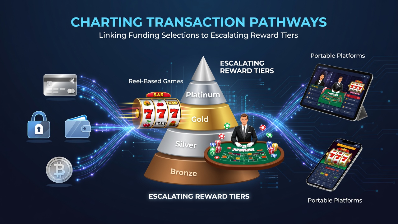 Mobile casino interface displaying transaction pathways from deposit options to reward tiers on reel-based games and live dealer tables
