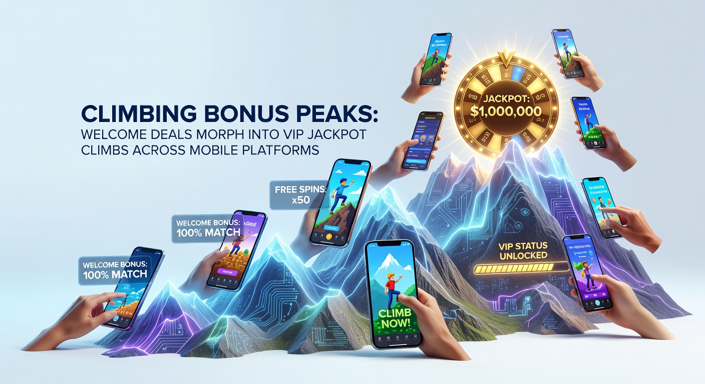 Graphic showing a mountain peak labeled 'VIP Jackpot' with climbers ascending via bonus ladders on a mobile phone screen, representing the progression from welcome offers to elite rewards