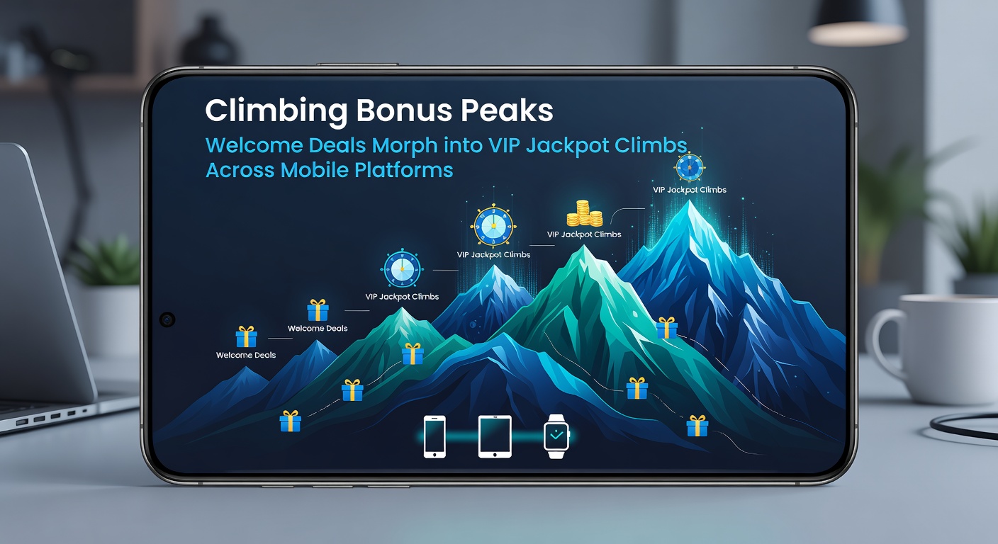 Screenshot of a mobile casino app displaying VIP tier progression with glowing jackpot icons at the summit and welcome bonus base camp below