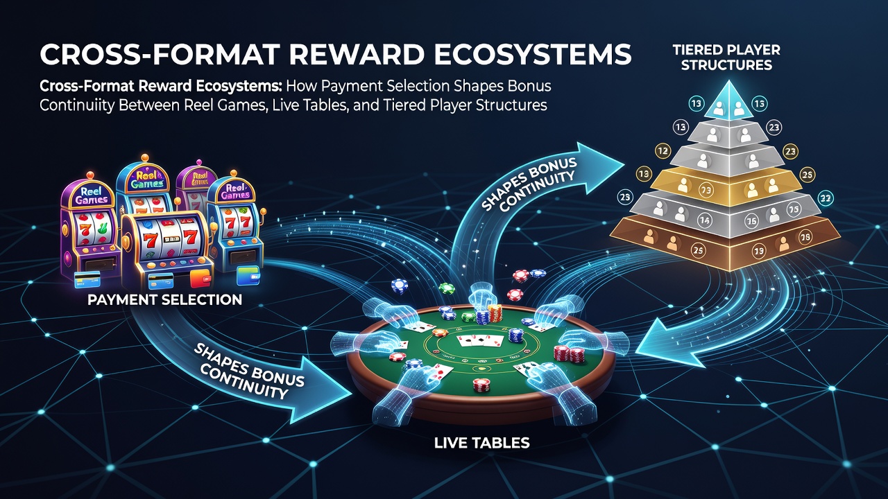 Diagram showing payment flows connecting slot reels, live dealer tables, and VIP tier progression in casino reward systems