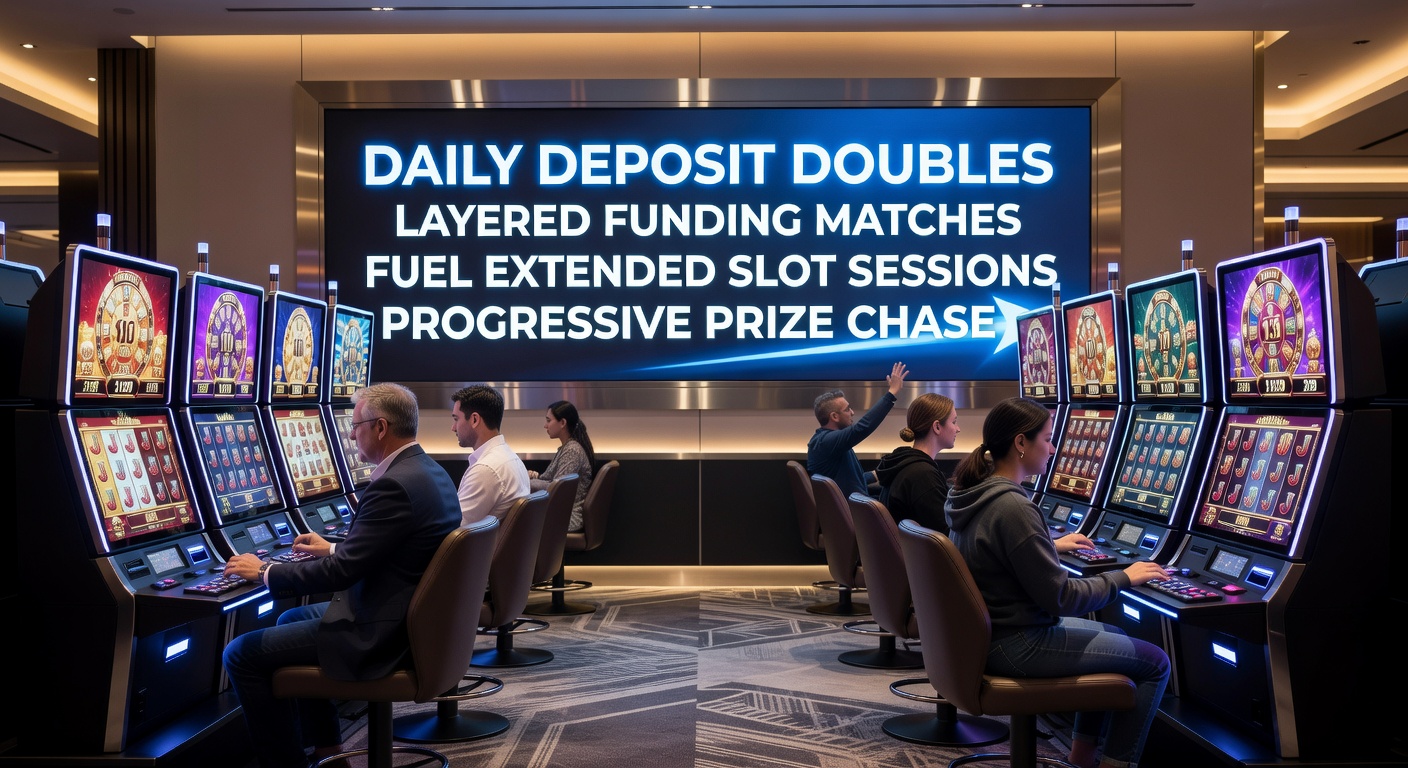 Player dashboard showing stacked daily deposit double promotions alongside rising progressive jackpot meters during an extended session