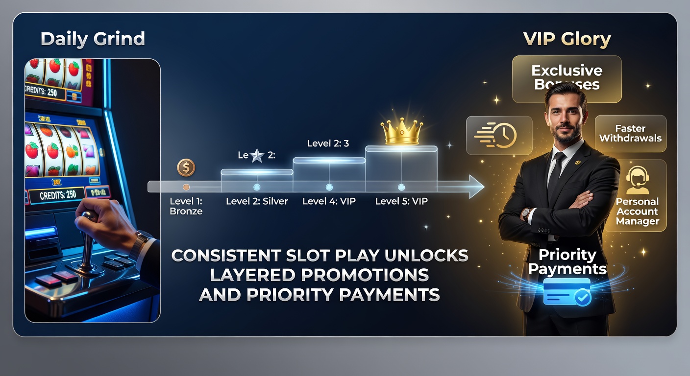 Players logging daily slot sessions, charts showing progression from basic to VIP tiers with stacking bonuses and cashback icons
