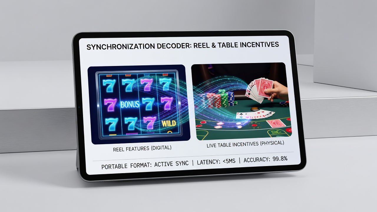 Close-up of tablet screen showing live table incentives activating from slot reel results