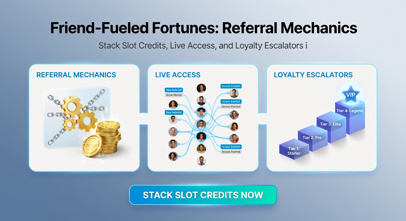 Infographic showing loyalty ladders climbing via referral bonuses, with icons for slot stacks, live tables, and friend connections in a dynamic casino app interface