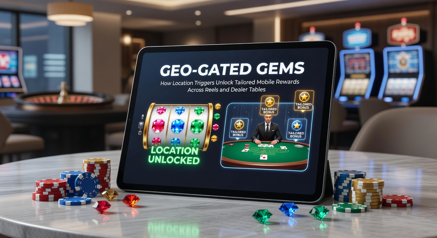 Mobile phone screen showing a geo-gated bonus popup with location pin on a map, highlighting tailored slot rewards and live dealer offers
