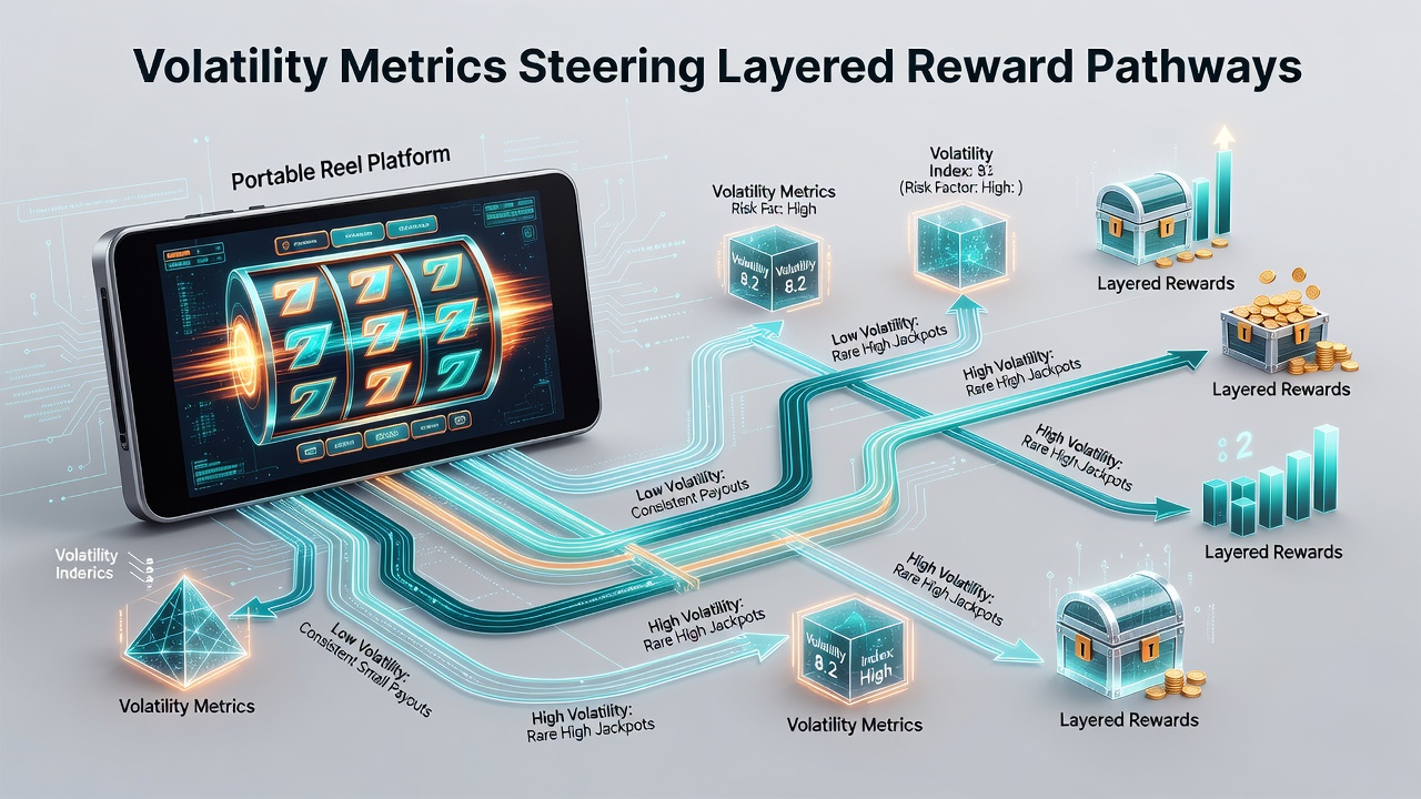 Data visualization of volatility bands steering reward layers in mobile reel systems
