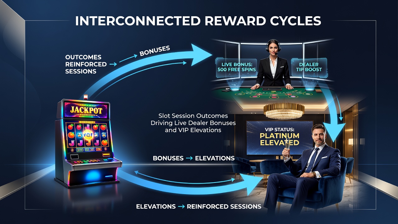Casino interface displaying interconnected loyalty points moving from slots to live dealer rewards and VIP status indicators