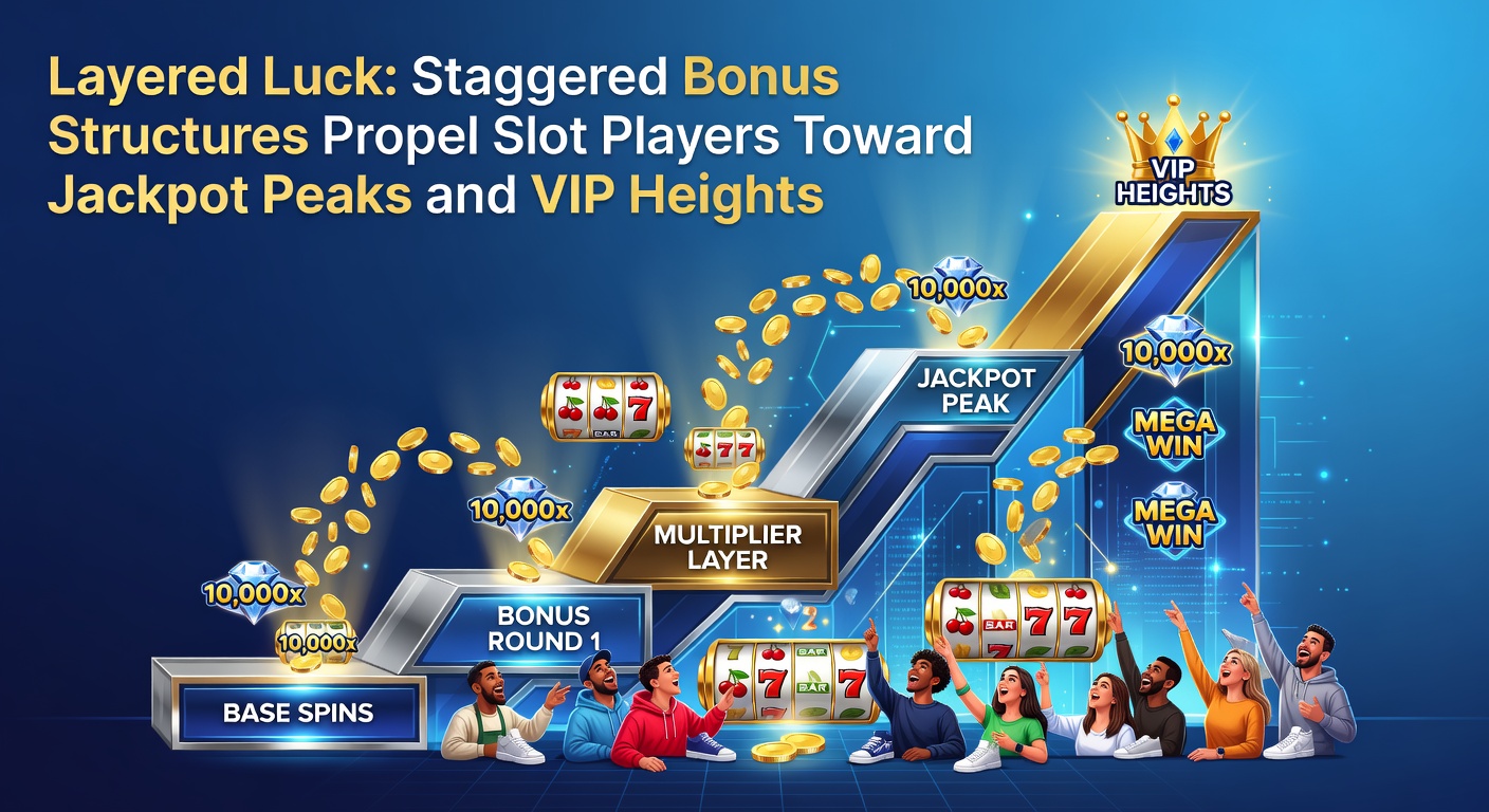 Vibrant graphic depicting layered slot bonuses stacking up like building blocks, guiding players from initial spins to towering jackpots and elite VIP tiers