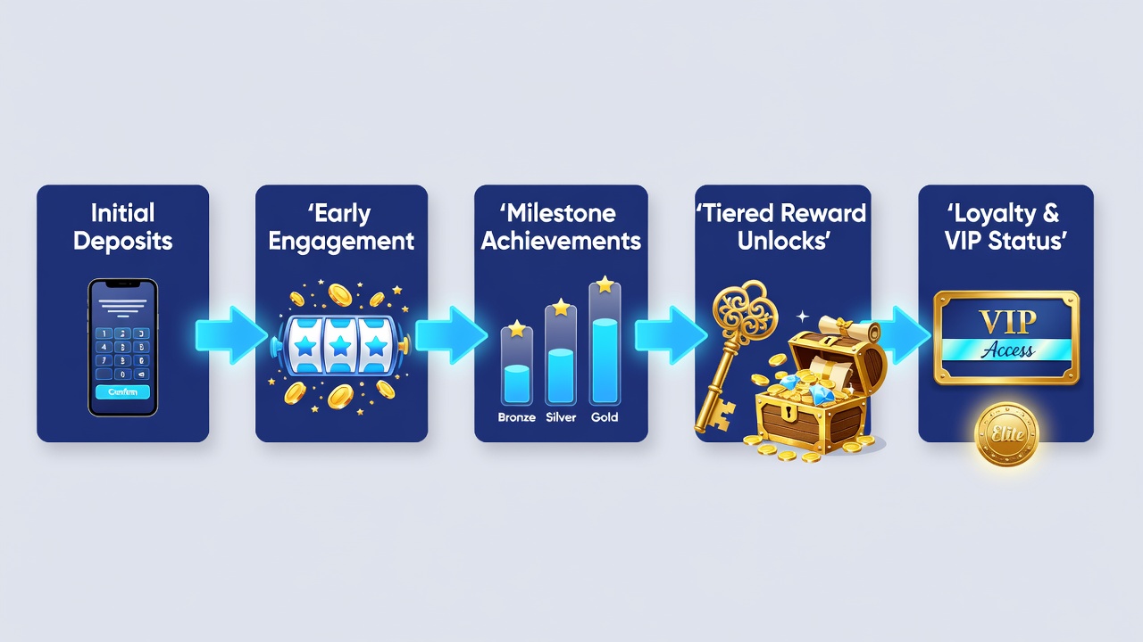 Mobile app screenshot displaying tier progression bars, reward unlock notifications, and deposit milestone counters in a reel experience interface