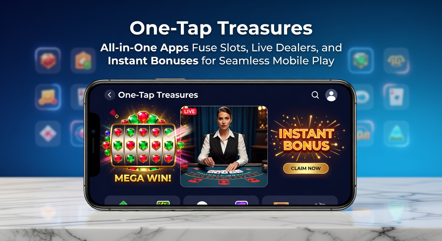 Mobile screen showing a vibrant all-in-one casino app interface with slots, live dealer tables, and instant bonus notifications