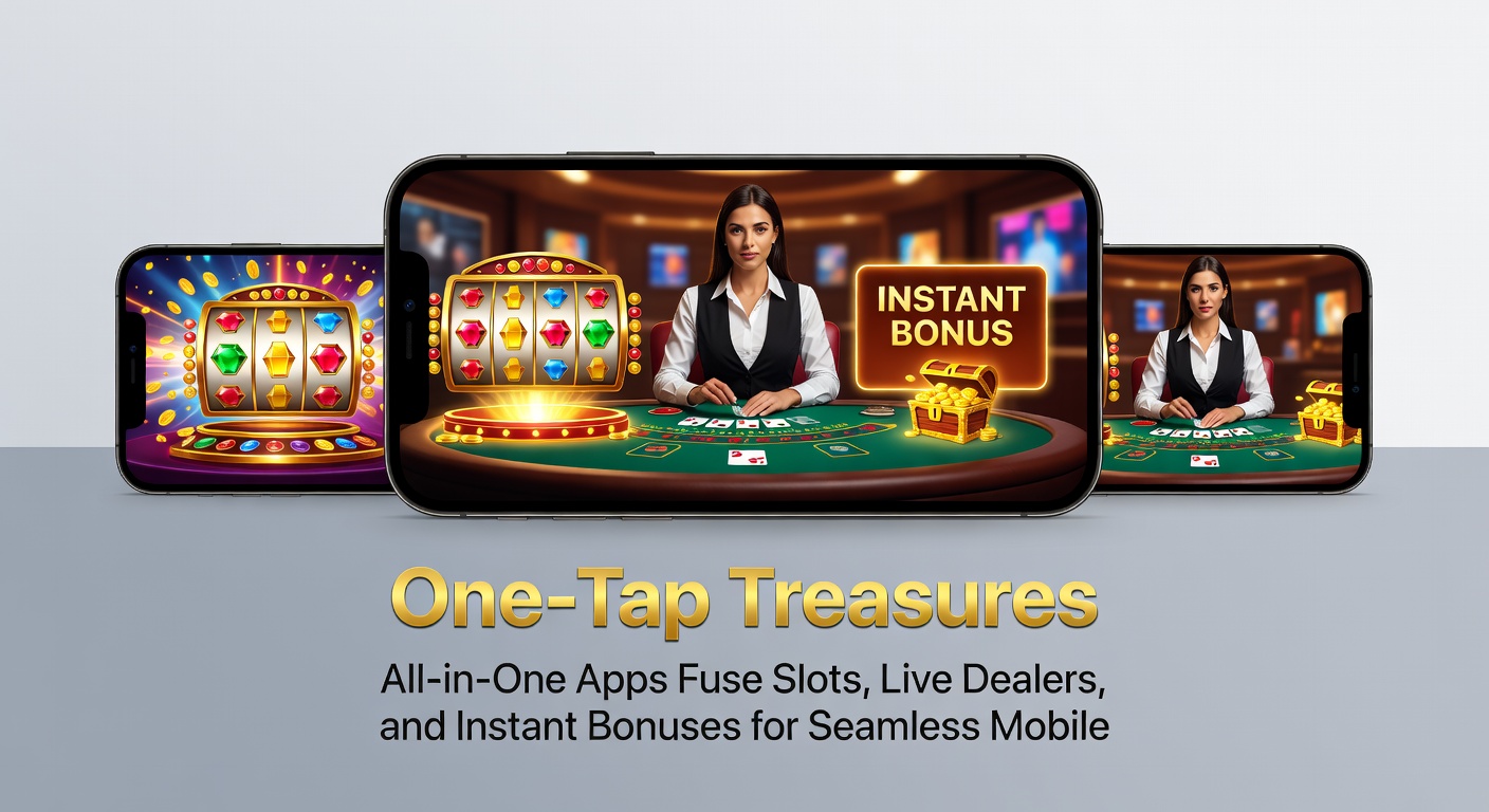 Close-up of app dashboard integrating slot reels, live dealer video feed, and glowing bonus icons on a smartphone