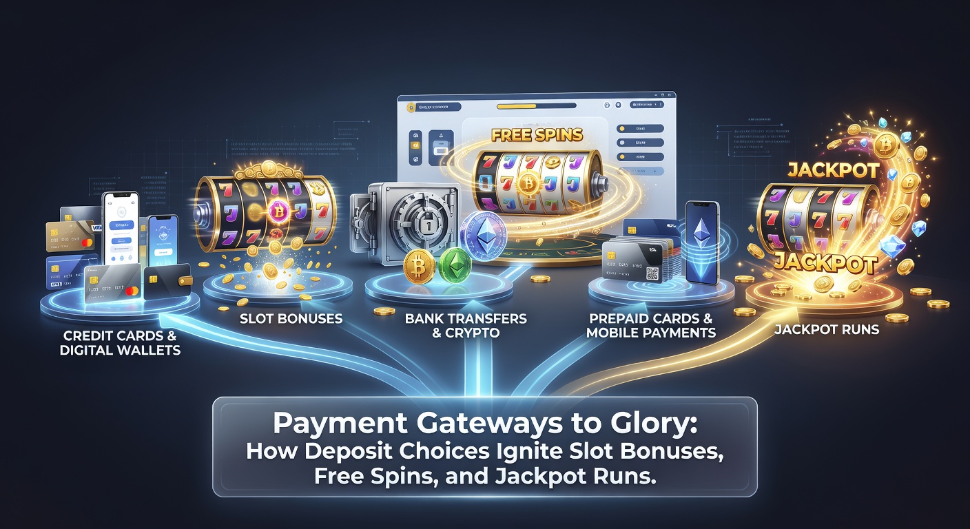 Dynamic graphic of a slot reel exploding with free spins, bonus multipliers, and jackpot trophies connected by payment gateway streams in neon colors