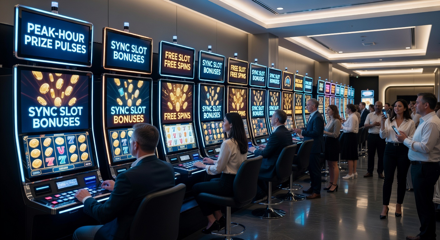Vibrant casino floor during peak hours with slot machines flashing bonus lights and crowds gathering around high-traffic games
