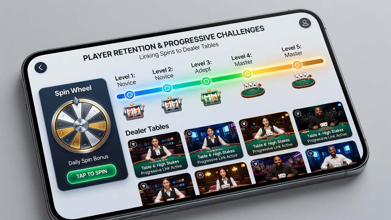 Progression map illustrating how slot spins feed into live dealer challenges on mobile devices