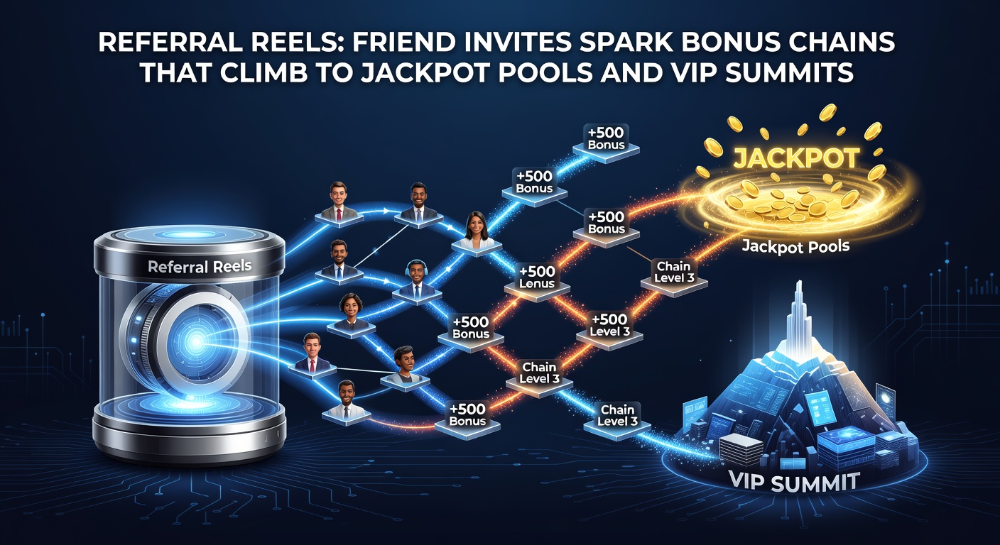 Vibrant graphic showing interconnected friends exchanging referral codes amid cascading slot bonuses and jackpot symbols climbing toward VIP tiers