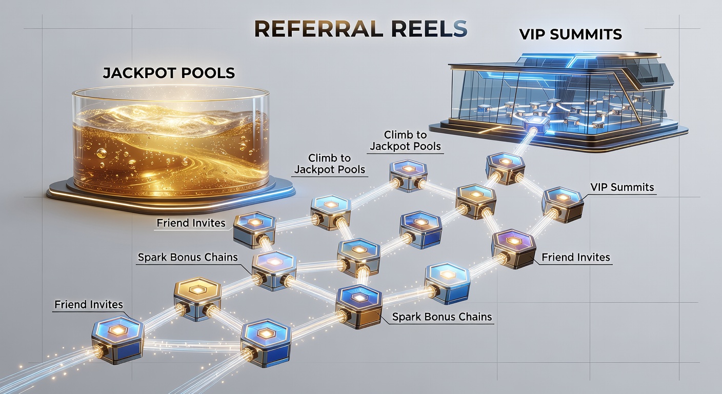 Dynamic screenshot of a mobile casino app displaying referral chain progress, jackpot pool growth, and VIP summit leaderboard