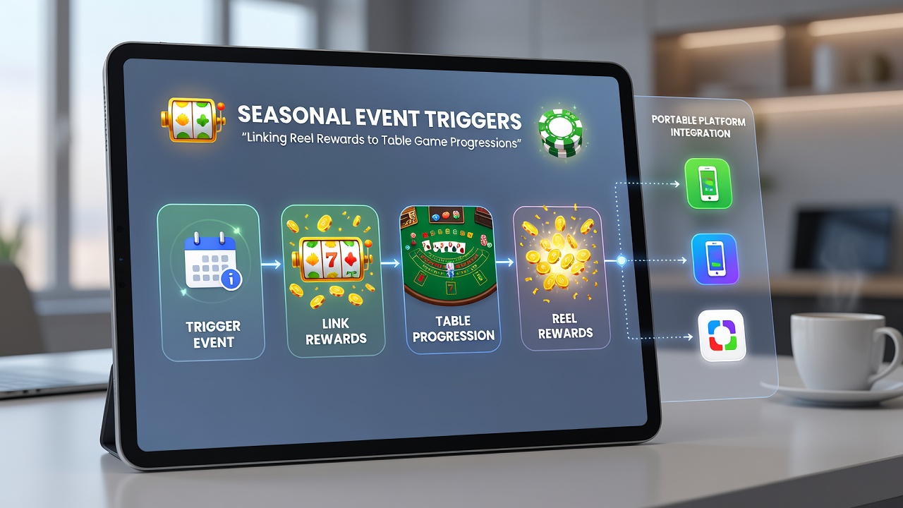 Close-up of a tablet displaying linked seasonal rewards between slot reels and table game leaderboards