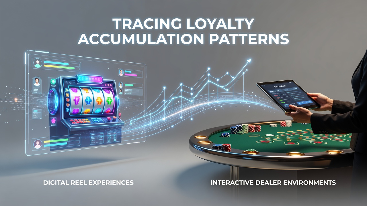 Digital slot reels transitioning into live dealer table environments showing loyalty point flows