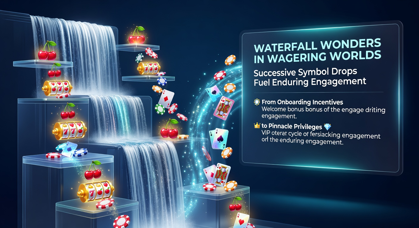 Vibrant slot reels cascading with successive symbols dropping into place, illustrating the waterfall mechanic in action during a bonus round