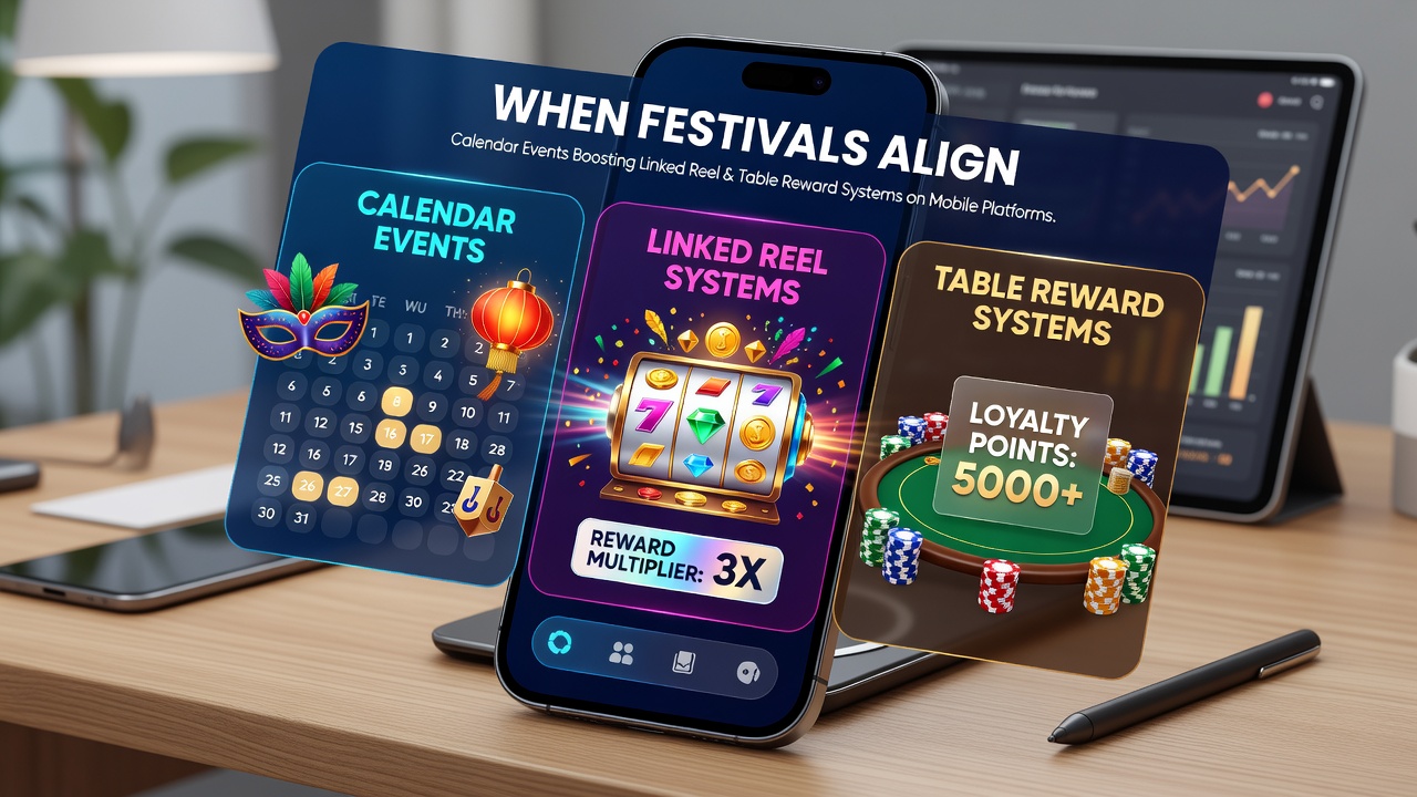 Infographic illustrating calendar events connected to mobile reel and table reward linkages